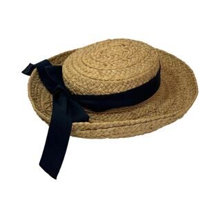 Helen Kaminski Hat Classic 5 Raffia Straw Nougat Black Ribbon Bow Beach Sun